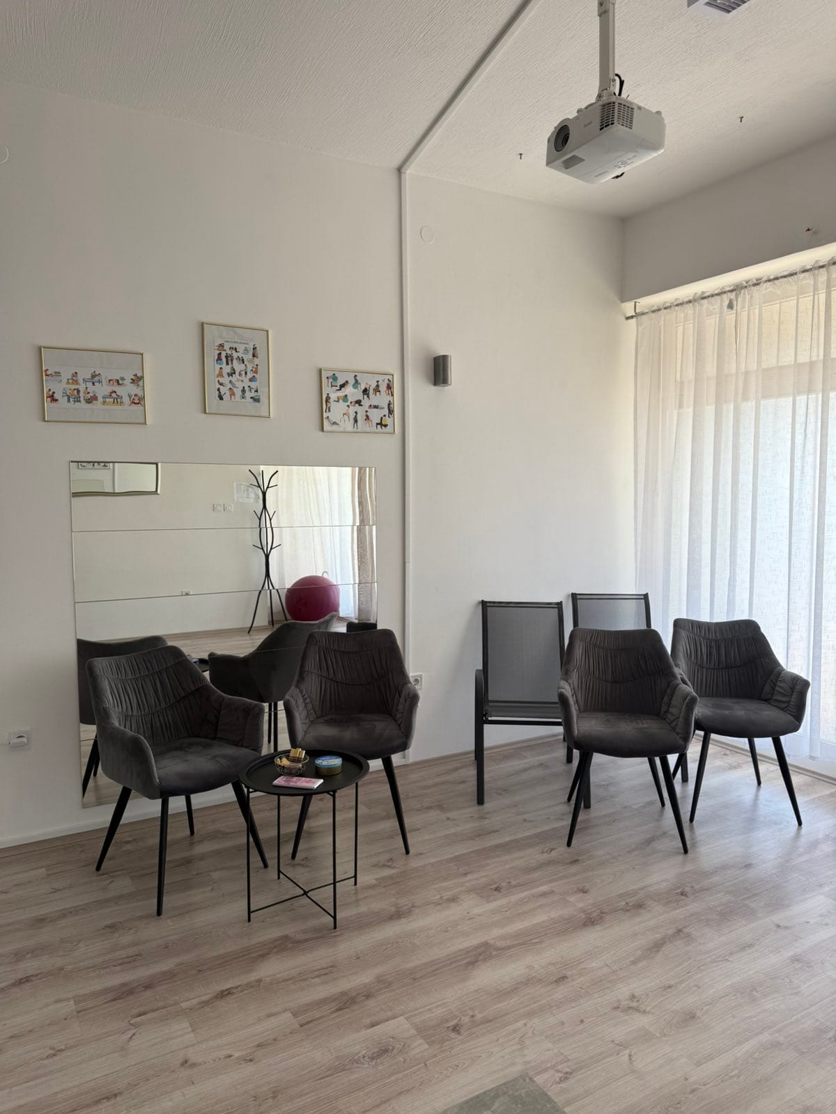 Čekaonica i prostor za predavanja: sive fotelje uz stolić, ogledalo i slike na zidu, svijetla prostorija sa zavjesama