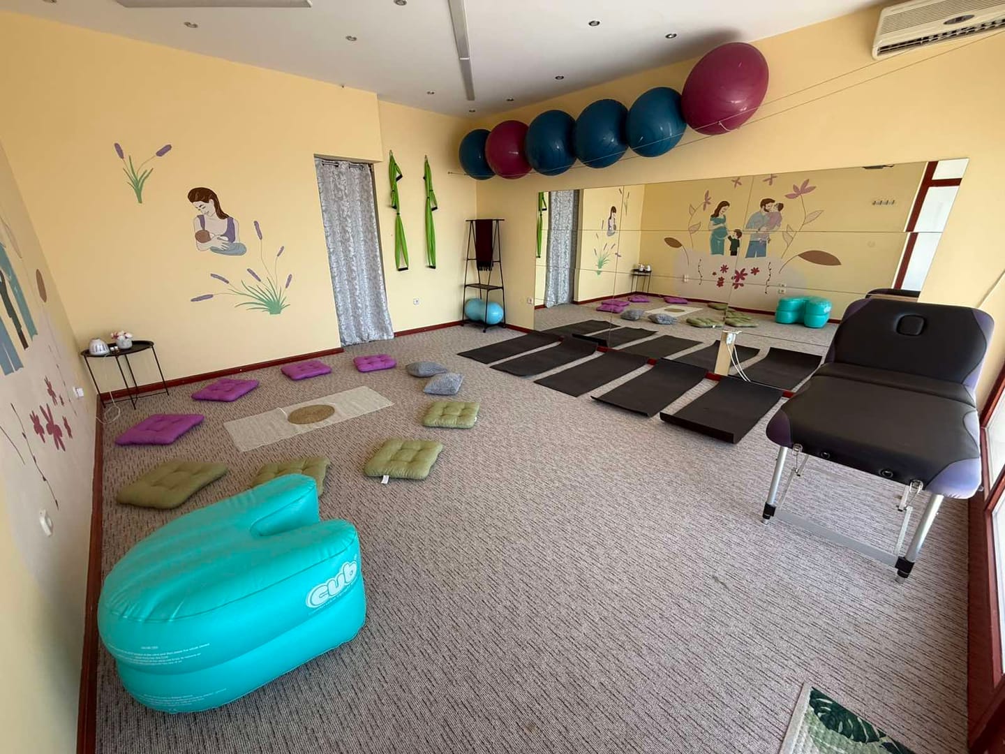 Dvorana za vježbe u trudnoći: lopte za trudnice, prostirke, jastuci, stol za masažu i pomagalo za položaje u porodu